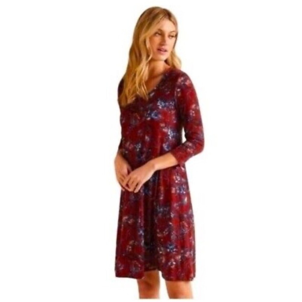 Garnet Hill Red Floral Tencel Jersey Knit Swing Dress 3/4 Sleeve M